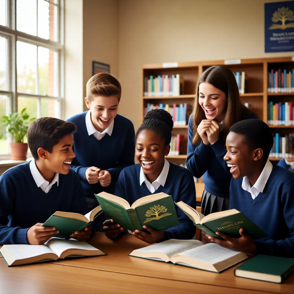 Group of secondary school students reading and laughing together in a library