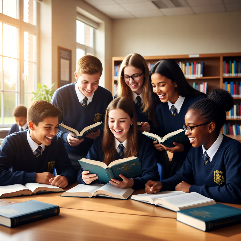 Group of secondary school students reading and laughing together in a library